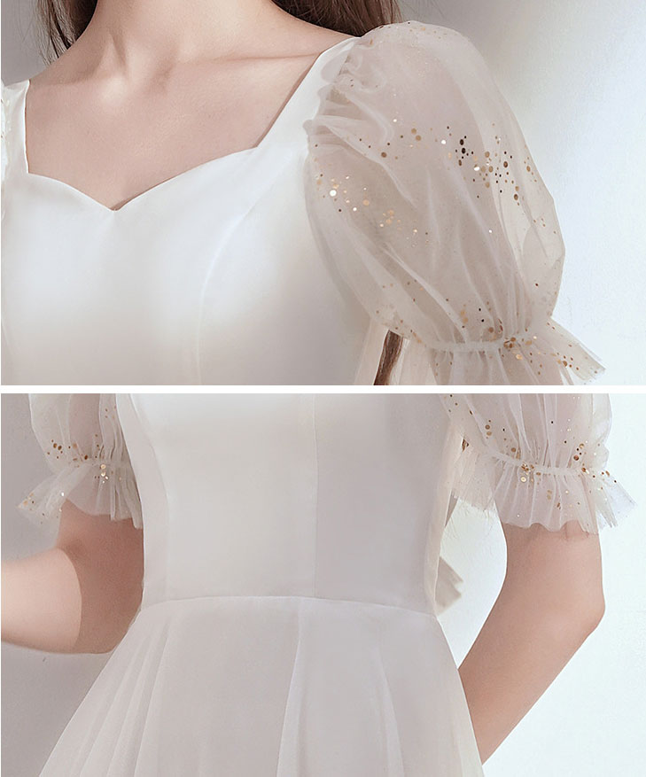 White Red A-Line Puff Sleeve Party Dress