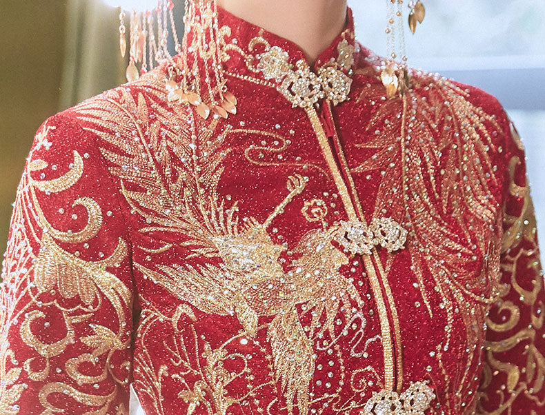 Beaded Embroidered Phoenix Wedding Qun Kwa with Pleated Skirt