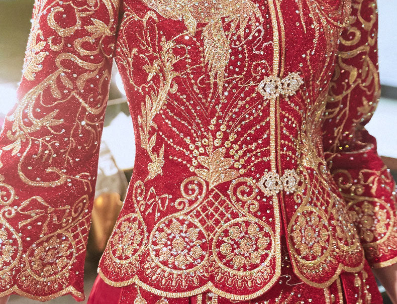 Beaded Embroidered Phoenix Wedding Qun Kwa with Pleated Skirt