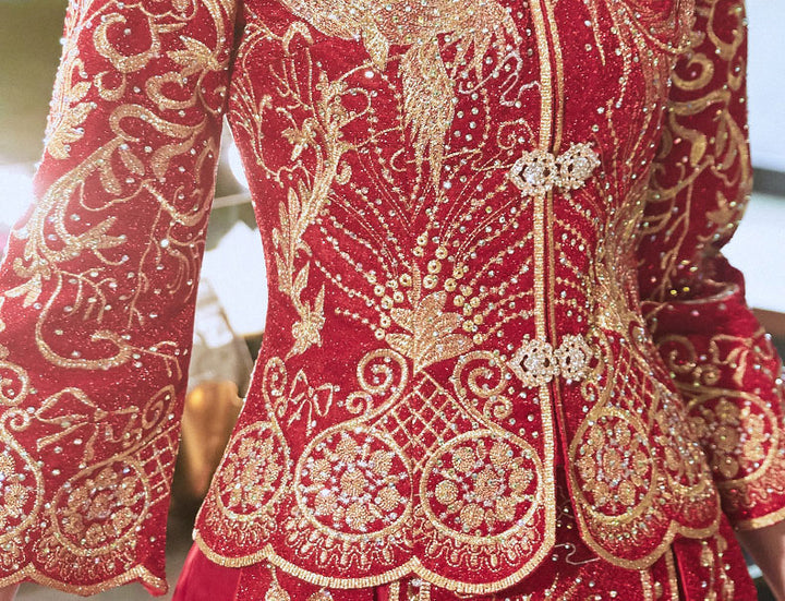 Beaded Embroidered Phoenix Wedding Qun Kwa with Pleated Skirt