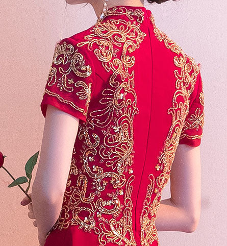 Gold Sequins Appliqués Wedding Bridal Qipao Cheongsam Dress