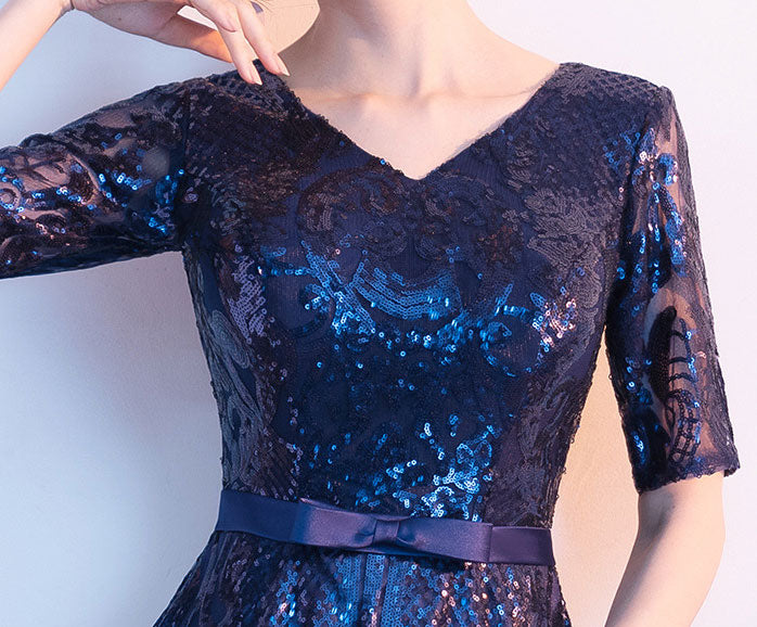 Sequined Blue V-neck A-Line Midi Party Dress