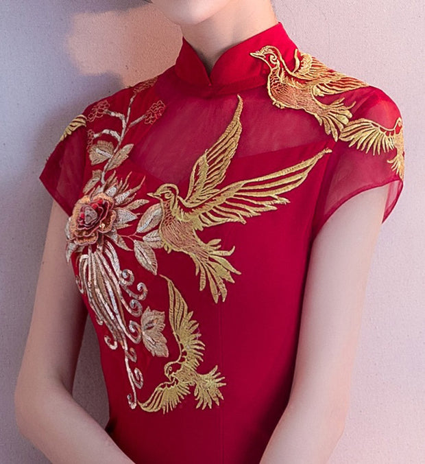 Red Split Front Fishtail Wedding Qipao Cheongsam Dress