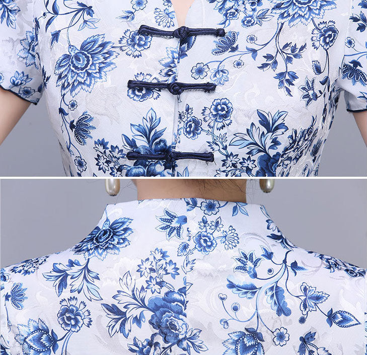Blue White Floral Buttons Qipao Cheongsam Blouse Top