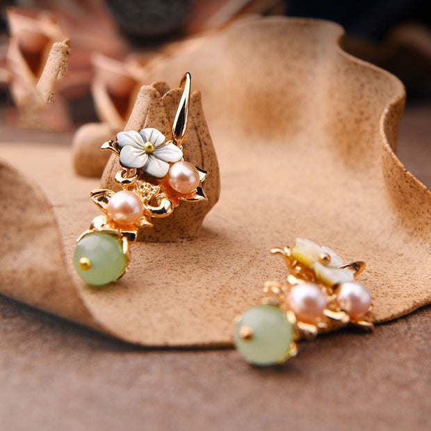 Vintage Pearls Jade Flower Drop Dangle Earrings
