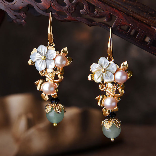 Vintage Pearls Jade Flower Drop Dangle Earrings