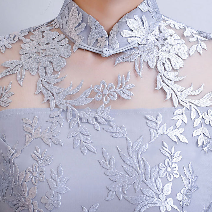 Pink Gray Floral Lace Midi Cheongsam Qipao Dress