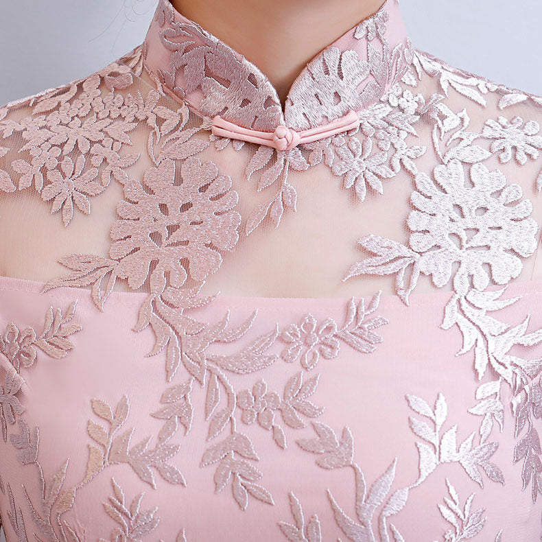 Pink Gray Floral Lace Midi Cheongsam Qipao Dress