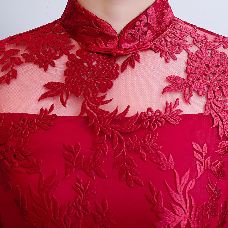 Pink Gray Floral Lace Midi Cheongsam Qipao Dress