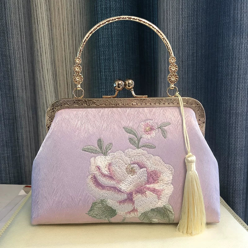 Embroidered Peony Silk Chain Top Handle Clutch Handbag