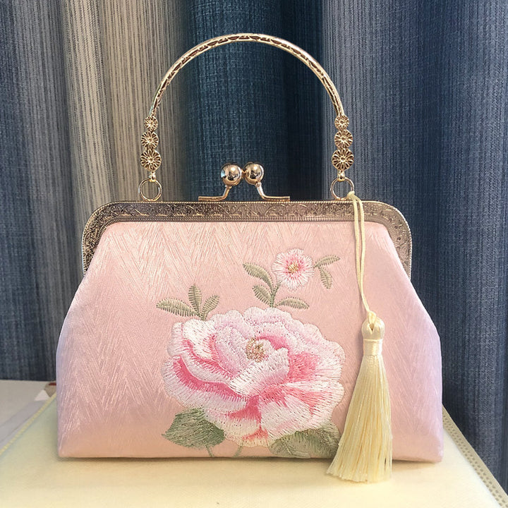 Embroidered Peony Silk Chain Top Handle Clutch Handbag