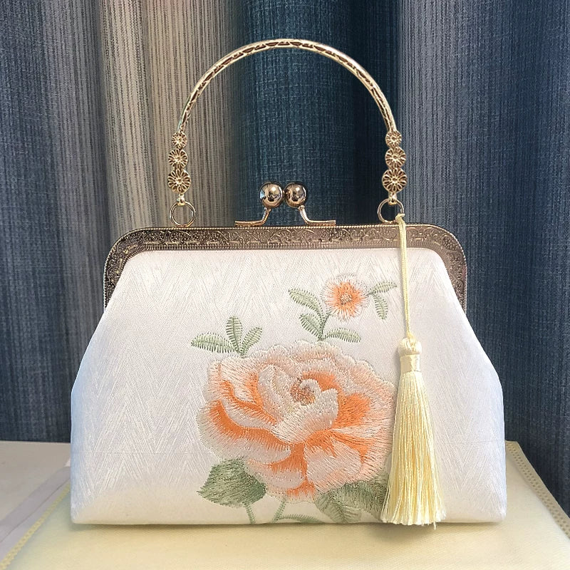 Embroidered Peony Silk Chain Top Handle Clutch Handbag