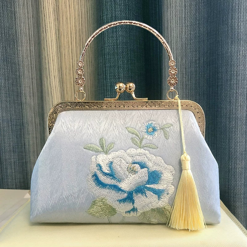 Embroidered Peony Silk Chain Top Handle Clutch Handbag