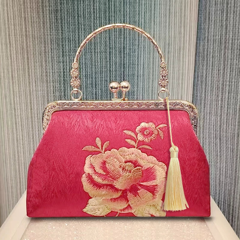 Embroidered Peony Silk Chain Top Handle Clutch Handbag