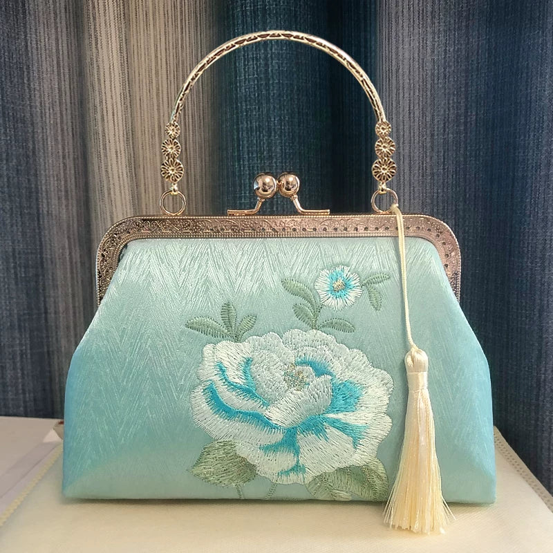 Embroidered Peony Silk Chain Top Handle Clutch Handbag