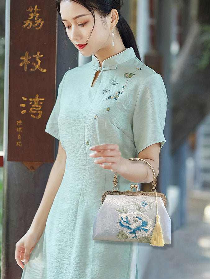 Embroidered Peony Silk Chain Top Handle Clutch Handbag