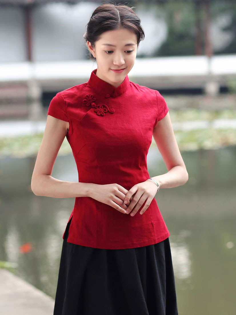 Blue Red Linen Qipao Cheongsam T-Shirt Top