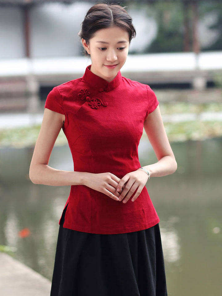 Blue Red Linen Qipao Cheongsam T-Shirt Top
