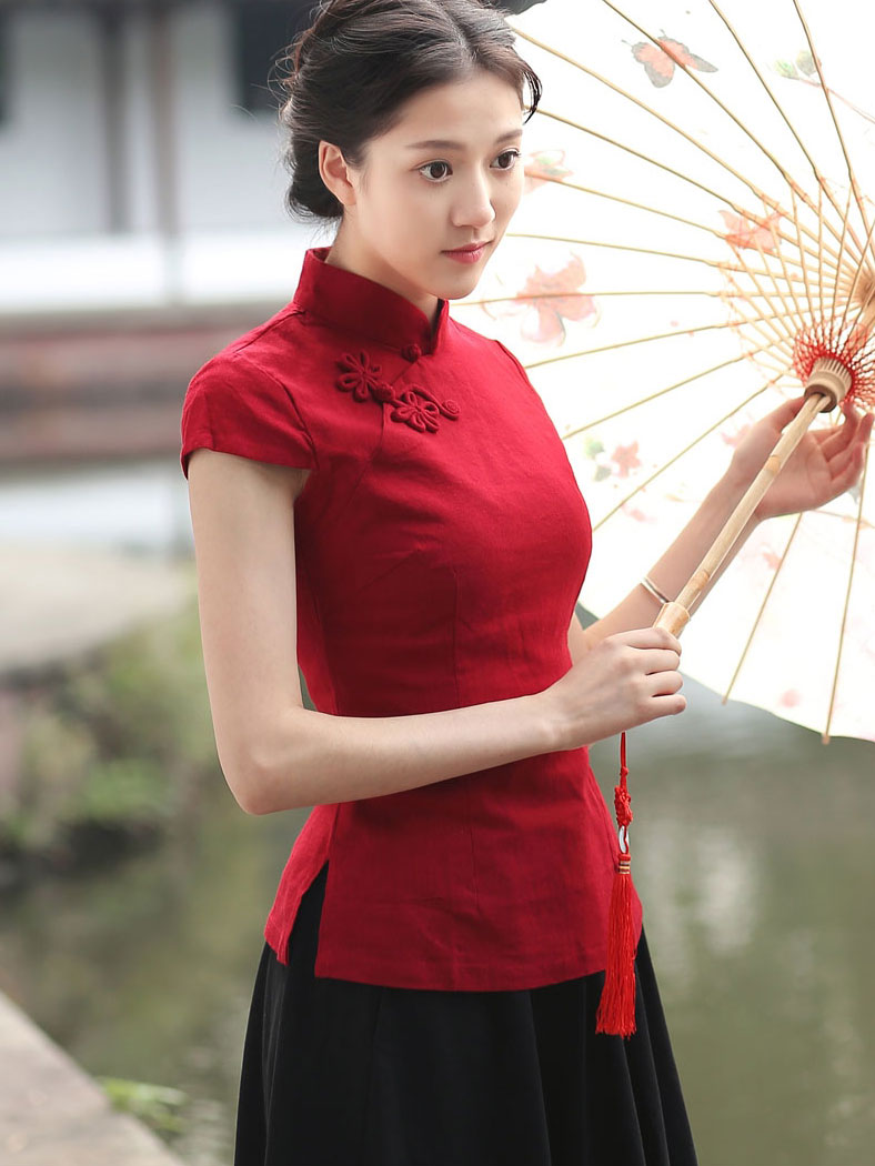 Blue Red Linen Qipao Cheongsam T-Shirt Top
