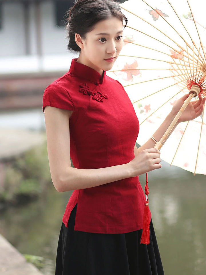 Blue Red Linen Qipao Cheongsam T-Shirt Top