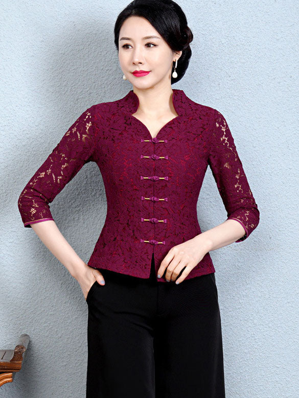 Purple Red Lace V-neck Qipao Cheongsam Top Blouse