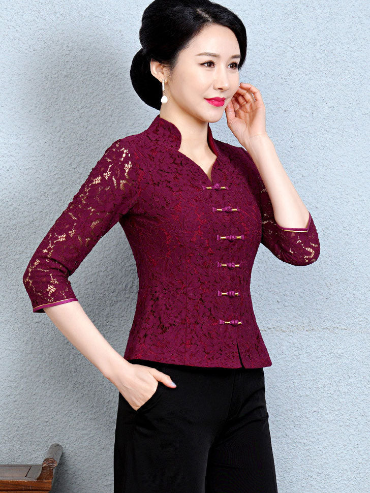 Purple Red Lace V-neck Qipao Cheongsam Top Blouse