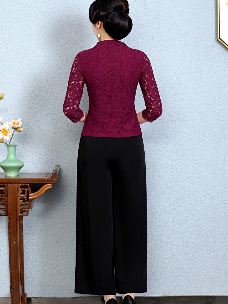 Purple Red Lace V-neck Qipao Cheongsam Top Blouse