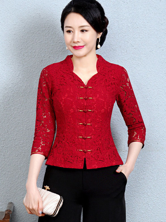 Purple Red Lace V-neck Qipao Cheongsam Top Blouse
