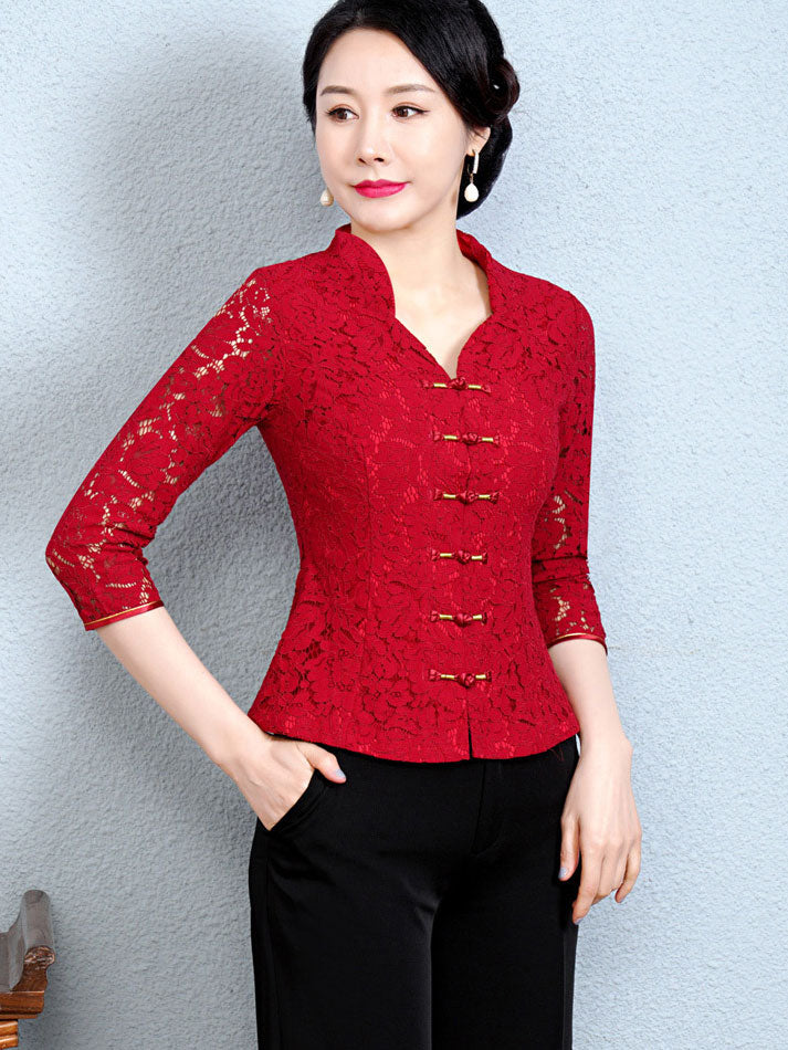 Purple Red Lace V-neck Qipao Cheongsam Top Blouse