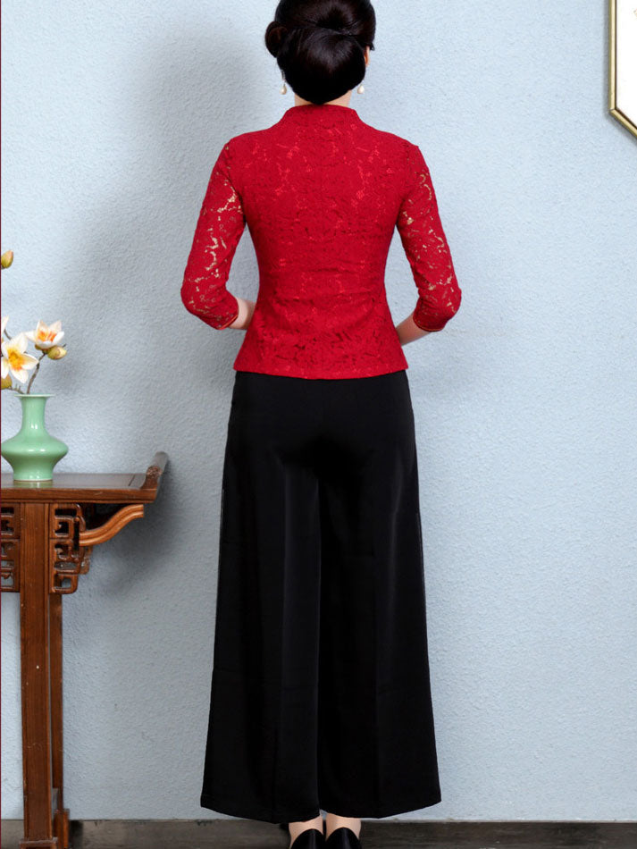 Purple Red Lace V-neck Qipao Cheongsam Top Blouse
