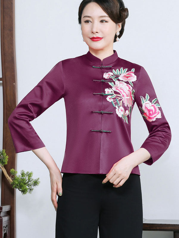 Purple Embroidered Woman Mothers Cheongsam Jacket