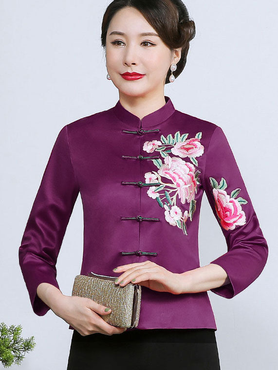 Purple Embroidered Woman Mothers Cheongsam Jacket