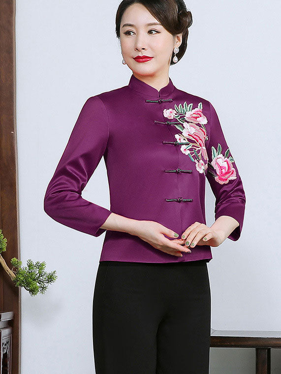 Purple Embroidered Woman Mothers Cheongsam Jacket