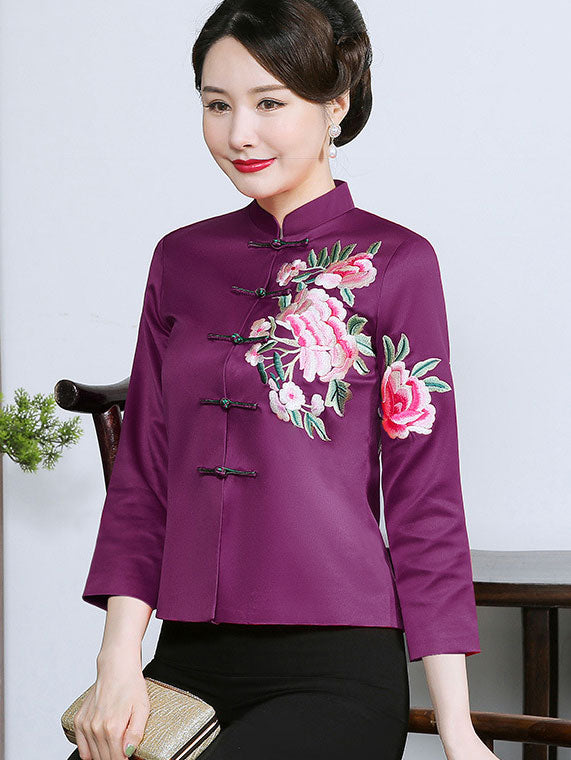 Purple Embroidered Woman Mothers Cheongsam Jacket
