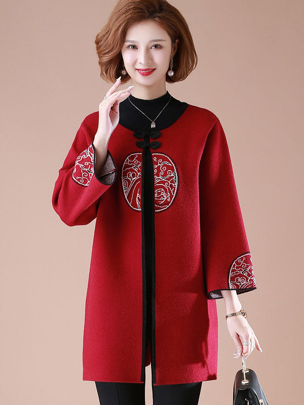 Vintage Embroidered Women Mothers Knit Cardigan Coat
