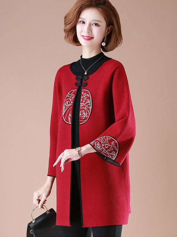 Vintage Embroidered Women Mothers Knit Cardigan Coat