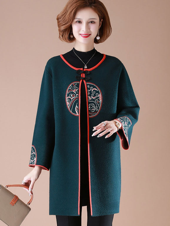 Vintage Embroidered Women Mothers Knit Cardigan Coat