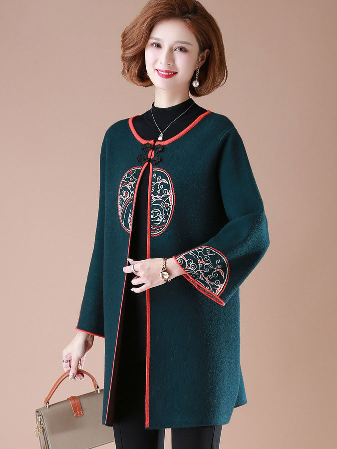 Vintage Embroidered Women Mothers Knit Cardigan Coat