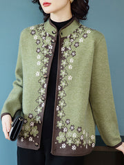 Green Floral Women Knit Buttons Cardigan Jacket