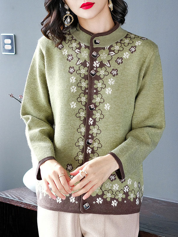 Green Floral Women Knit Buttons Cardigan Jacket