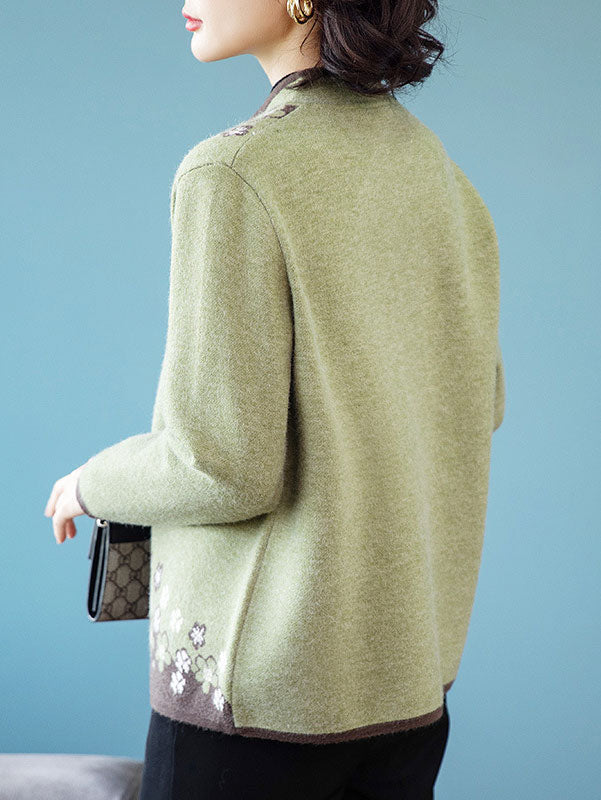 Green Floral Women Knit Buttons Cardigan Jacket