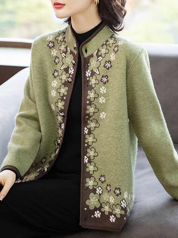 Green Floral Women Knit Buttons Cardigan Jacket