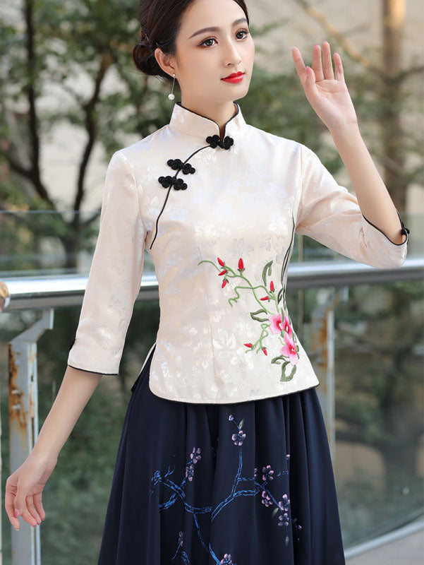 Beige Black Embroidered Cheongsam Blouse Top