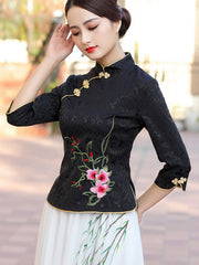 Beige Black Embroidered Cheongsam Blouse Top