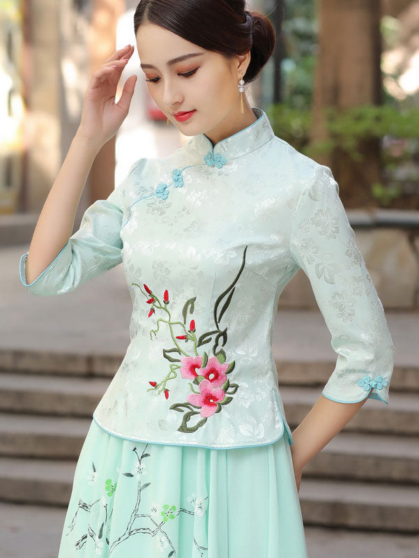 Beige Black Embroidered Cheongsam Blouse Top