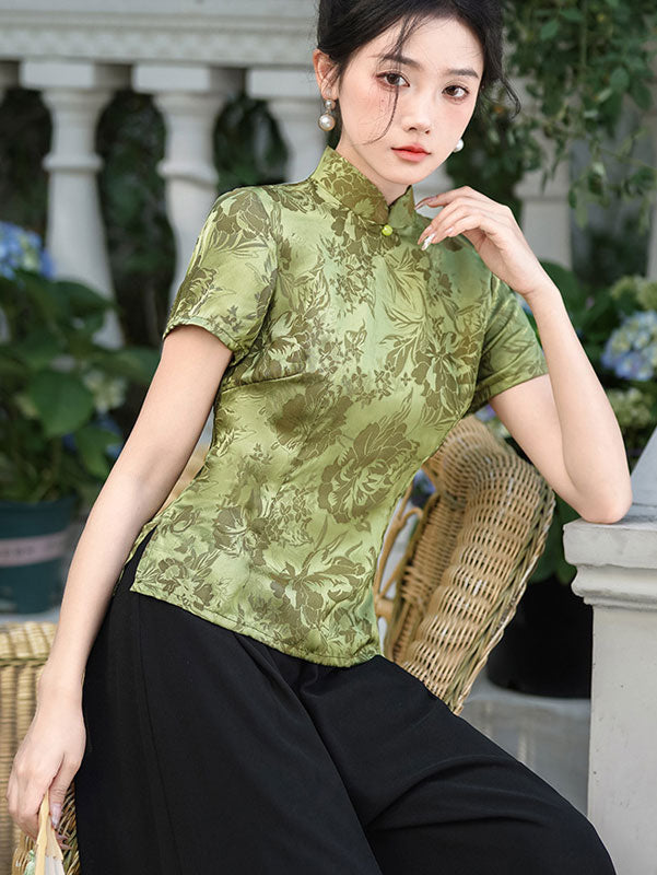 Green Yellow Floral Qipao Cheongsam Blouse Top