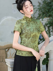 Green Yellow Floral Qipao Cheongsam Blouse Top