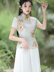 Green Yellow Floral Qipao Cheongsam Blouse Top