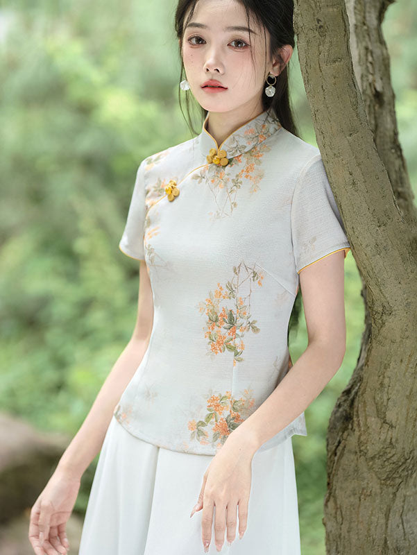 Green Yellow Floral Qipao Cheongsam Blouse Top