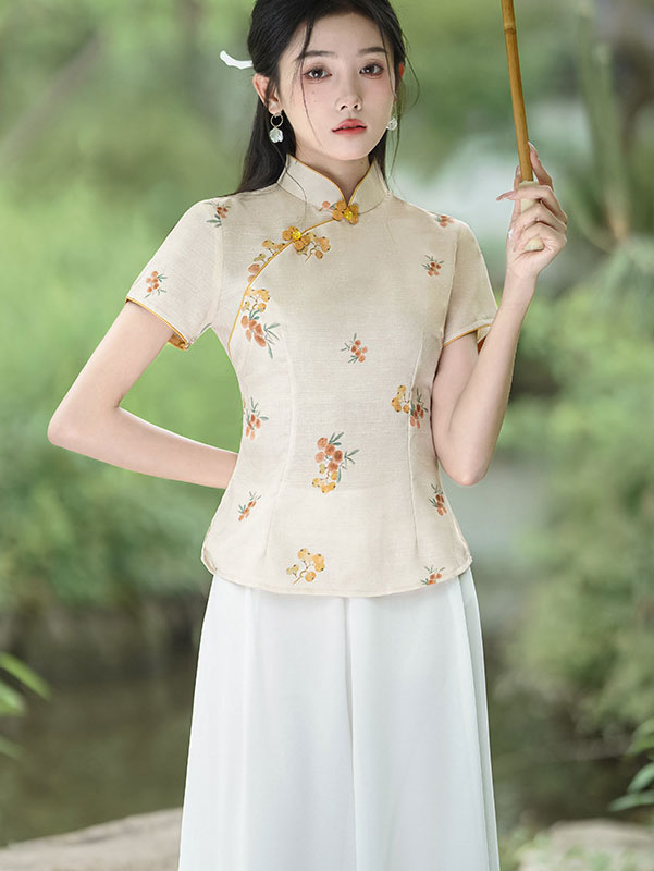 Green Yellow Floral Qipao Cheongsam Blouse Top